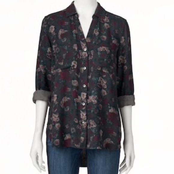 Rock & Republic Tops - Rock & Republic Black Floral Long Sleeve Button Down Top Blouse (L)